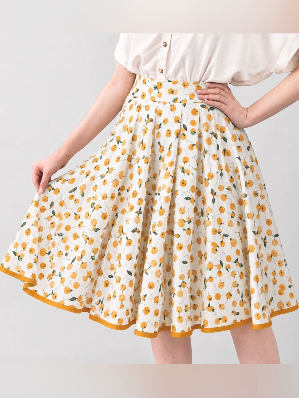 TULIP B | Vintage Inspo White Floral Circle Skirt Yellow Lemon Print & Pockets
